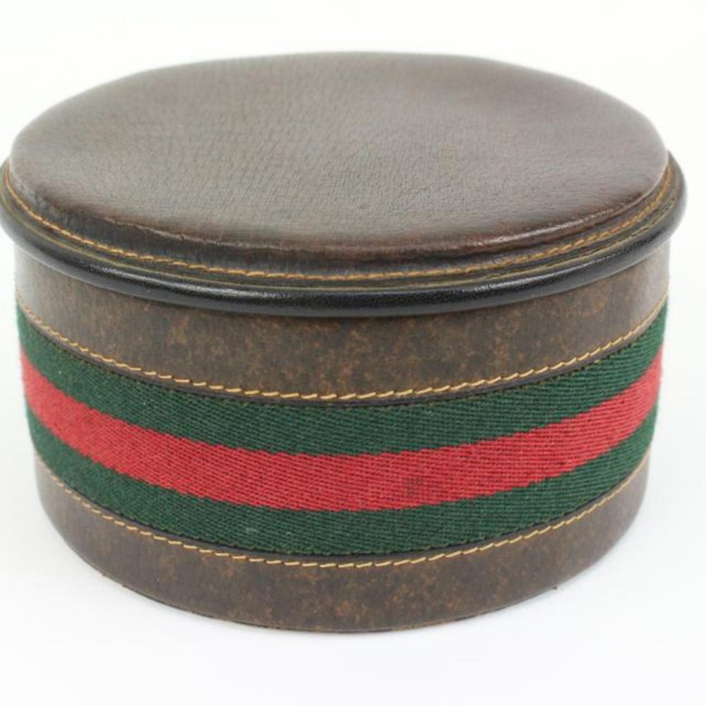 Gucci Ultra Rare Brown Leather Web Round Box Case Jar Boite 71g411s